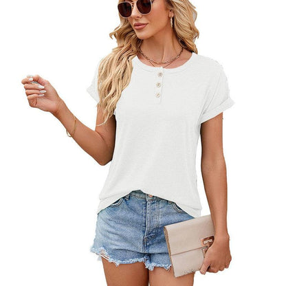 Cheky - Solid Color Round Neck Button Short Sleeve T-Shirt New Summer Loose Top For Womens Clothing