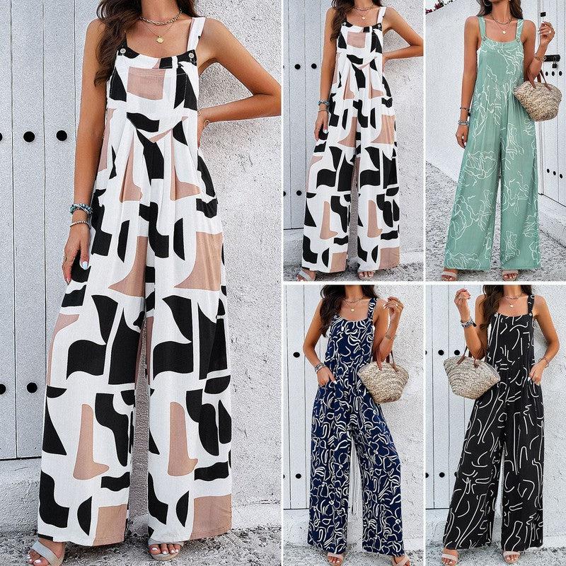 Cheky - Fashion Print Square Neck Jumpsuit With Pockets Spring Summer Casual Loose Overalls Womens Clothing