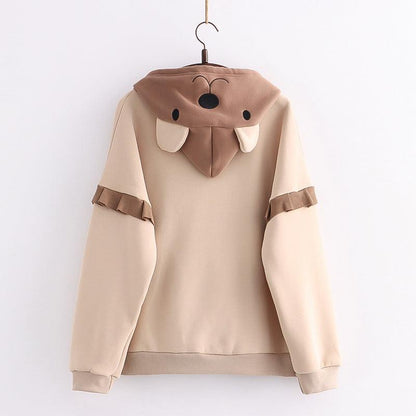 Cheky - Hooded Bear Embroidery Plus Velvet Sweater Loose And Thin Coat Women