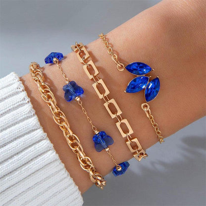 Cheky - 4pcs Blue Flower Love Butterfly Bracelet Set With Rhinestones Design Valentines Day