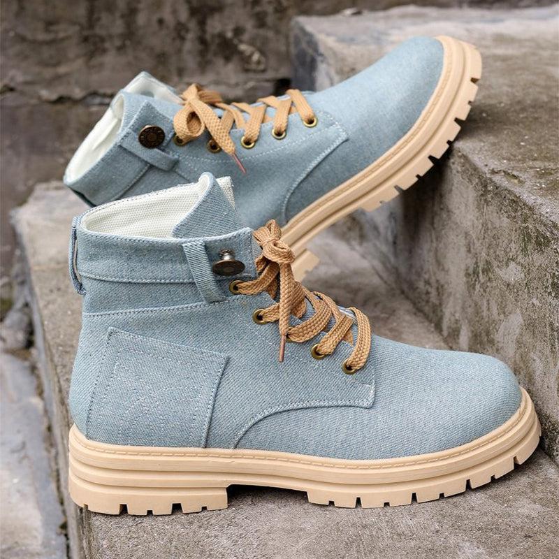 Cheky - Lace-up Denim Ankle Boots Women Fashion Platform Cowboy Boots Casual Fashion Autumn Winter Round Toe Shoes