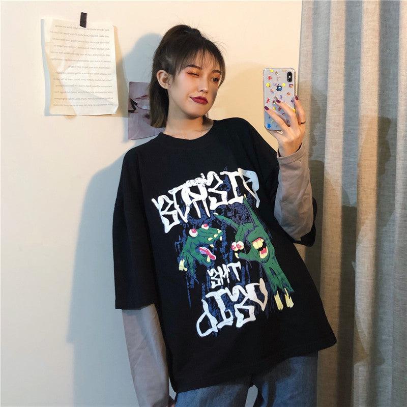 Cheky - Spring sports fake two-piece hedging cartoon T-shirt women loose