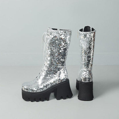 Cheky - Sequins Mid-calf Martin Boots Round Head Front