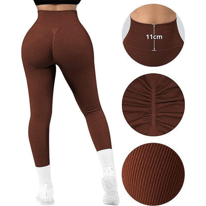 Cheky - High Waist Seamless Leggings Threaded Knitted Fitness Pants Solid Women's Slimming Sports Yoga Pants Elastic Running Sport Leggings