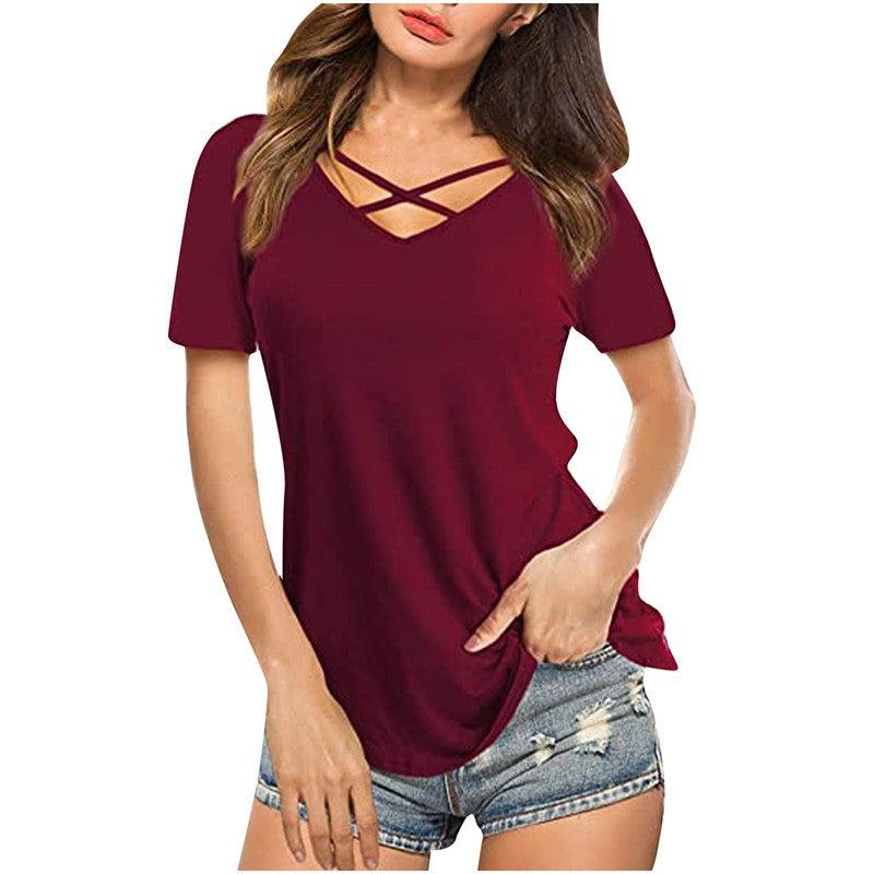 Cheky - Front Cross VNeck Short Sleeve Loose TShirt Women