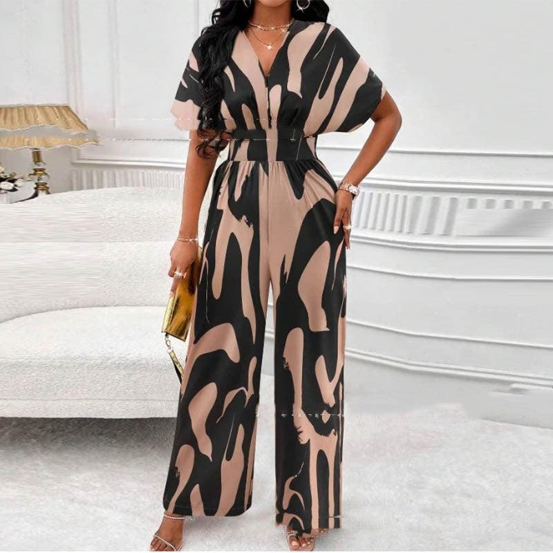 Cheky - V-neck Loose Printed Long Jumpsuit