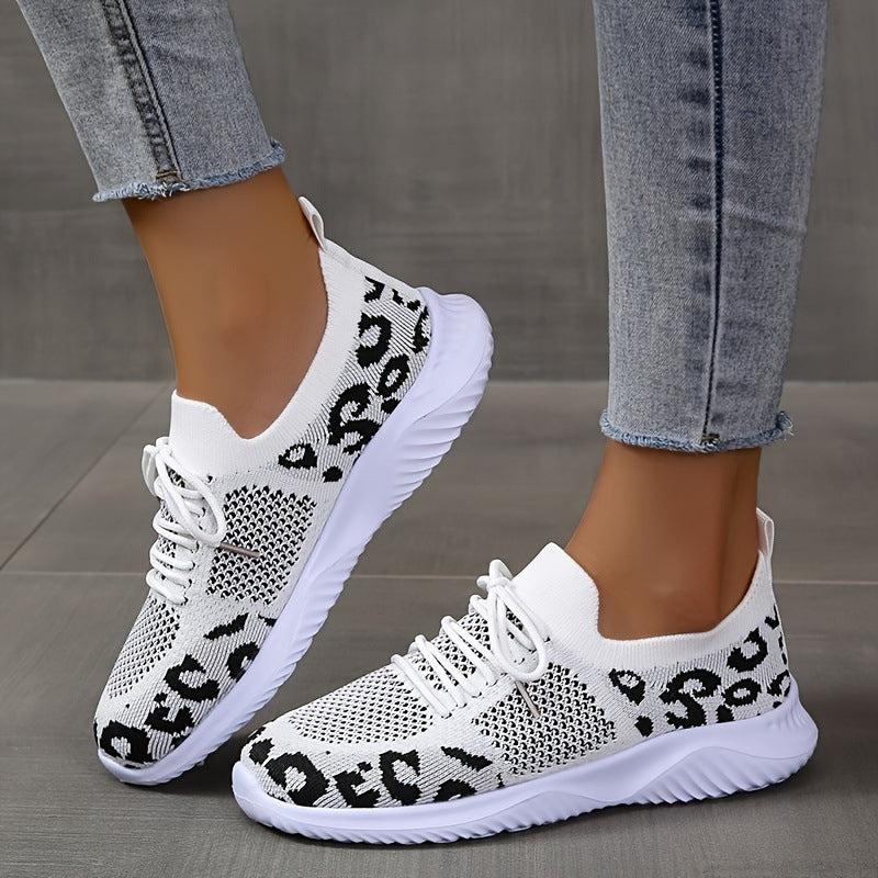 Cheky - White Shoes Women Leopard Print Lace-up Sneakers Sports