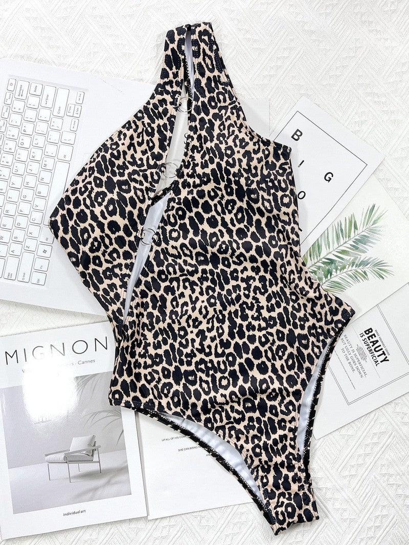 Cheky - New Bikini Leopard Print Cutout Strap One-Piece Swimsuit