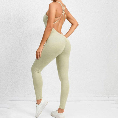 Cheky - Yoga Jumpsuit With Cross-strap Back Design Quick-drying Tight-fitting Running Sports Fitness Pants Fashion Seamless Leggings For Womens Clothing