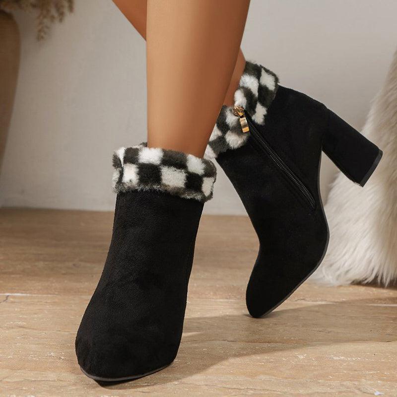 Cheky - New Plaid Print Plush Ankle Boots Winter Fashoin Square Heel Suede Boots Women Casual Versatile Shoes Autumn And Winter