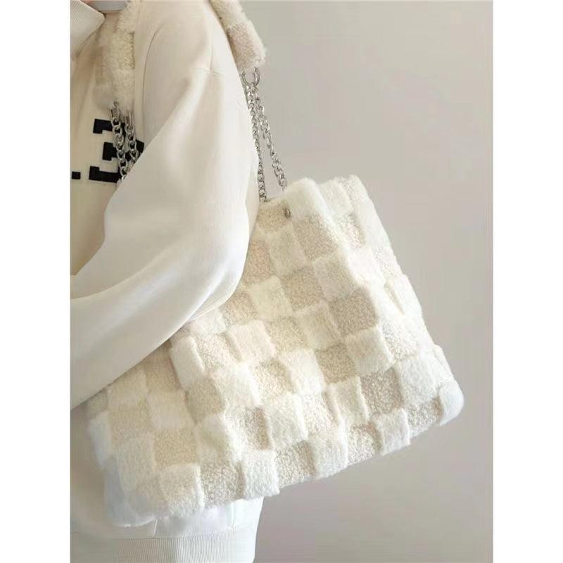 Cheky - White Plush One Shoulder Bag Casual Tote Bag