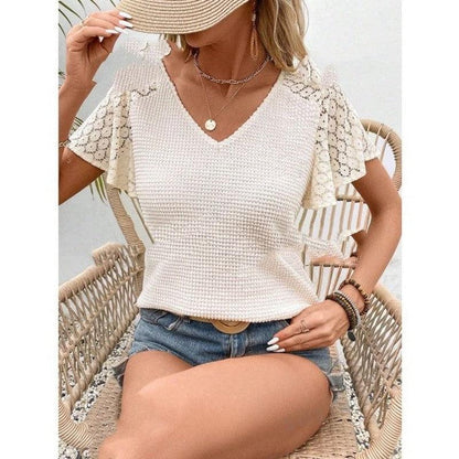 Cheky - V-neck Lace Temperament Commuter Loose Casual Knitted Short Sleeve