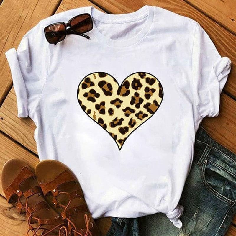 Cheky - Spring Women's Cartoon Leopard Print Heart Printing T-shirt