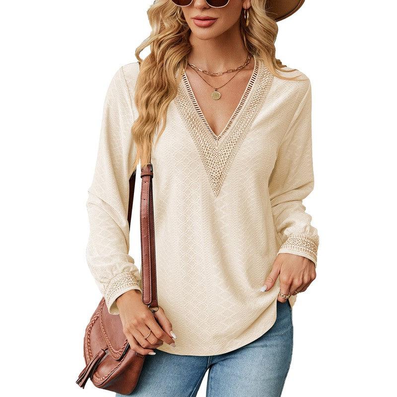 Cheky - Lace Stitching V-neck T-shirt Loose Long-sleeved Solid Color Top For Women