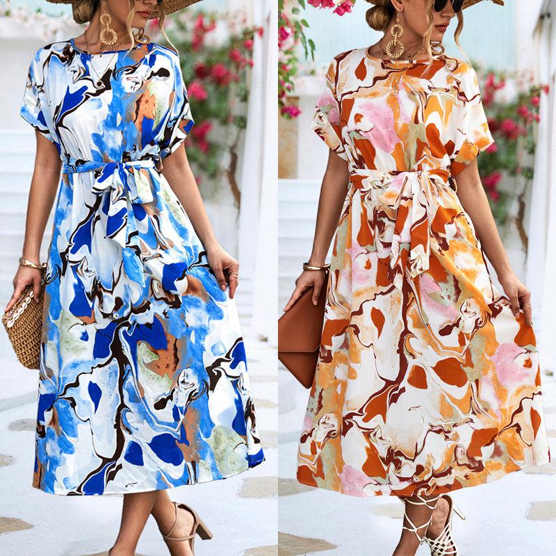 Cheky - Summer Print Short-sleeved Dress Summer Loose Lace-up A-line Long Dresses Fashion Casual Holiday Beach Dress For Womens Clothing