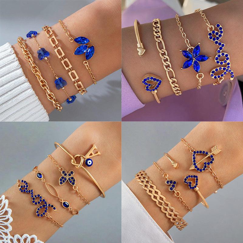 Cheky - 4pcs Blue Flower Love Butterfly Bracelet Set With Rhinestones Design Valentines Day