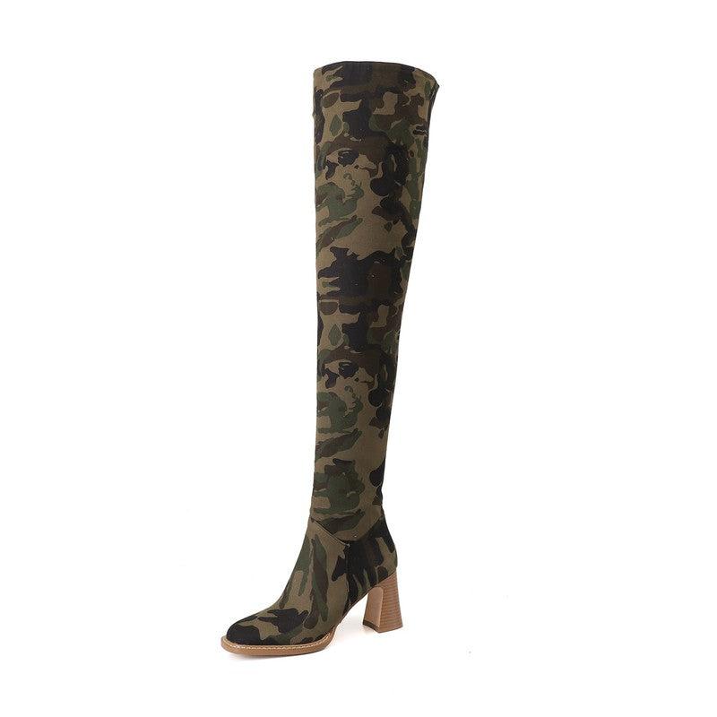 Cheky - Women's Round Head Camouflage Denim Chunky Heel Long Boots