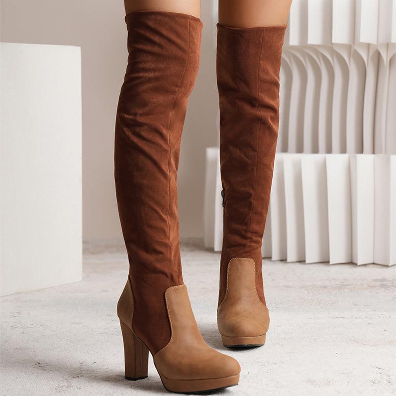 Cheky - New Long Boots For Women Elastic Suede High Square Heel Over-the-knee Boots Fashion Party Shoes Winter