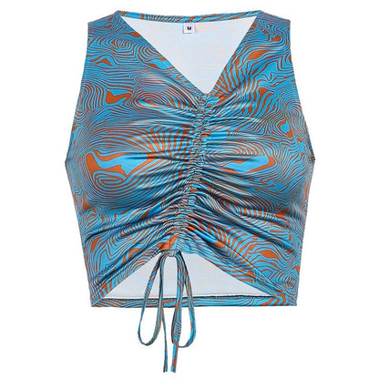 Cheky - Rapcopter Paisley Tank Top Ruched Drawstring Crop Top y2k Retro Corset Top Women Beach Style Camis Holiday Sweats Summer