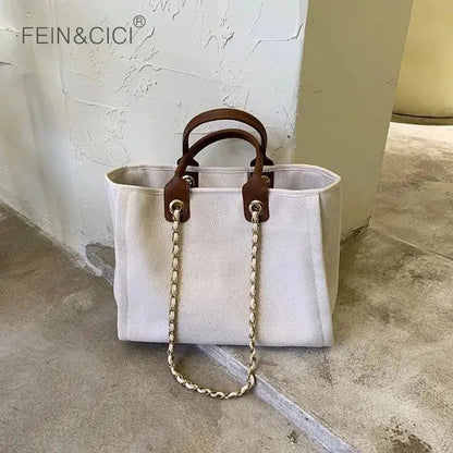 Cheky - New Women Tote Bag Fashion Canvas Large Handbag Chains Genuine Leather Shoulder Bags Ladies Big Messenger Bag Shopping Bag