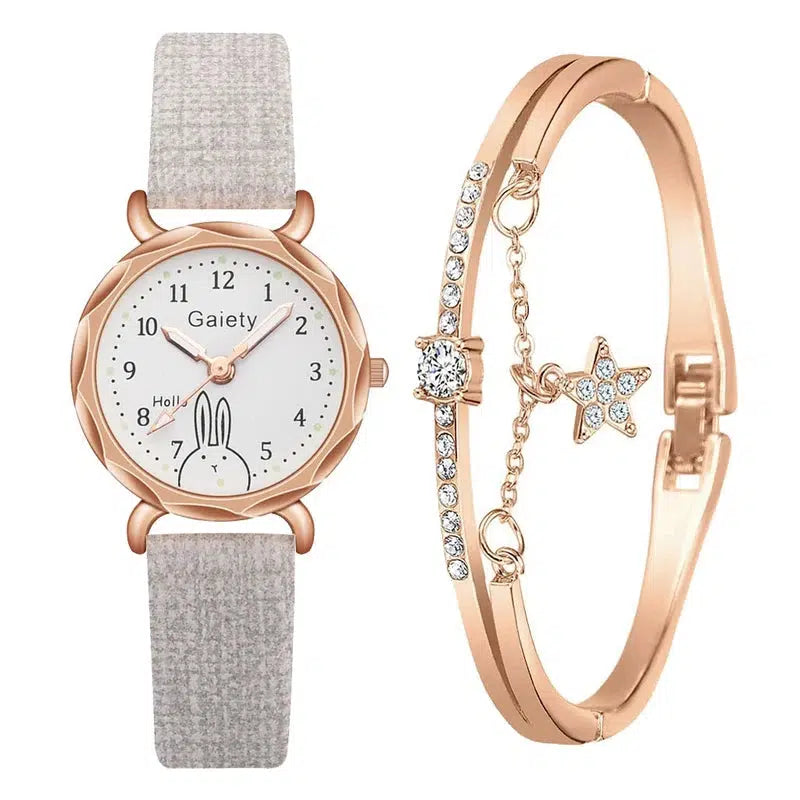 Cheky - Gaiety Brand 2pcs Set Casual Watch For Women Rhinestone Bracelet Watch Leather Ladies Wrist Clock Simple Dress Gfit Montre Femme