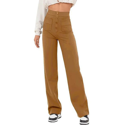 Cheky - Women's Clothing High Waist Pocket Wide Leg Button Casual Loose Straight Trousers