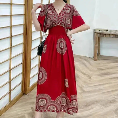 Cheky - Elegant Sweet Bohemian Style V-neck Elastic Waist Loose Large Swing Flower Printed Girls Summer Dress for Woman Skirt