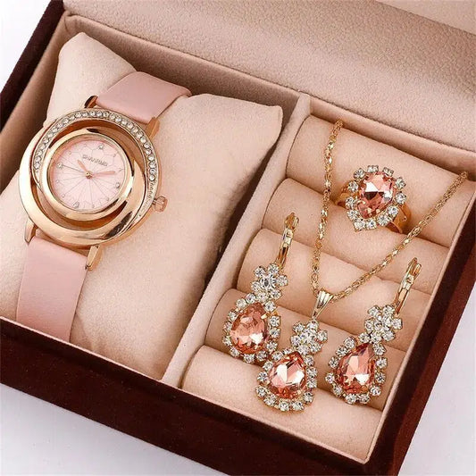 Cheky - 5PCS Set Luxury Watch Women Ring Necklace Earring Rhinestone Fashion Wristwatch Casual Ladies Watches Set Clock