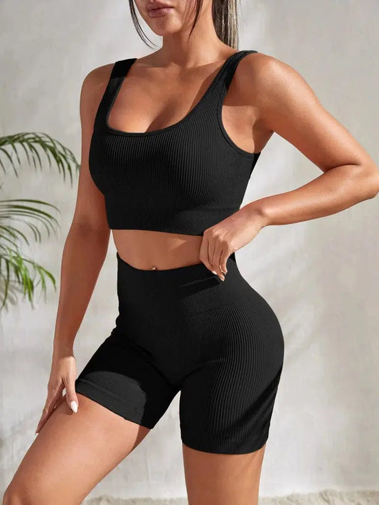 Cheky - Seamless Ribbed Yoga Sets Workout Sets for Women 2 Pieces Gym Suits Ribbed Crop Tank High Waist Shorts Outfits Fitness Running