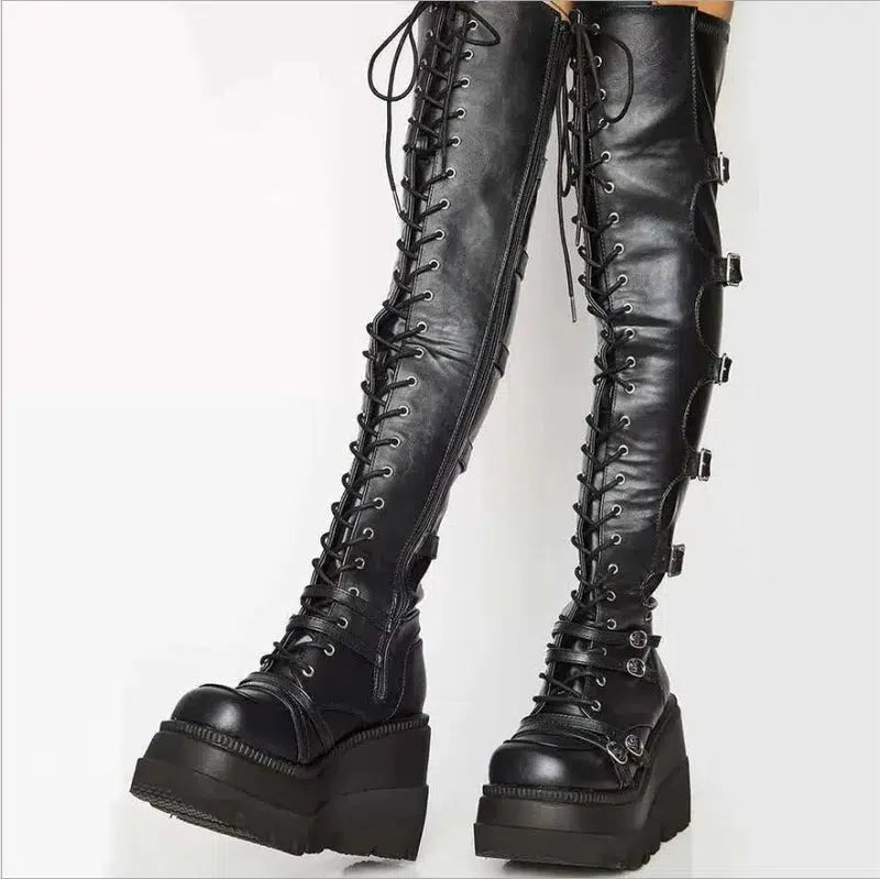 Cheky - Gothic Thigh High Boots Women Platform Wedges Motorcycle Boot Over The Knee Army Stripper Heels Punk Lace-up Belt Buckle Long