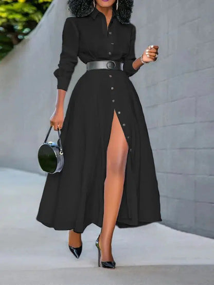 Cheky - VONDA Long Dress Casual Women Summer Long Sleeve Party Robe Split Shirt Vestido Buttons Vintage Street Solid Loose Sundress