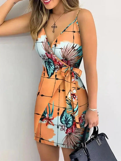 Cheky - Tropical Print V-Neck Wrap Casual Dress