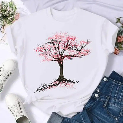 Cheky - Short Sleeve Butterfly Bow Sweet Flower Fashion Summer Women Print T Shirt Female Casual Top Tshirts Cartoon Graphic Tee T-Shirt