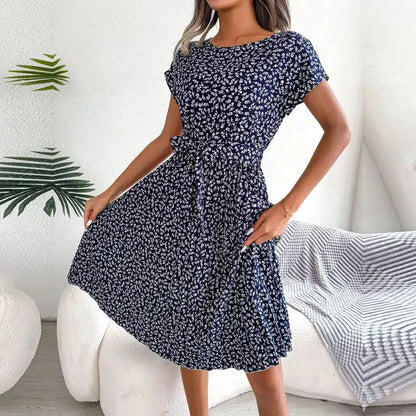 Cheky - Women Spring Summer Short Sleeve High Waist Chic Dress Fashion Floral Pleated A Line Long Dress