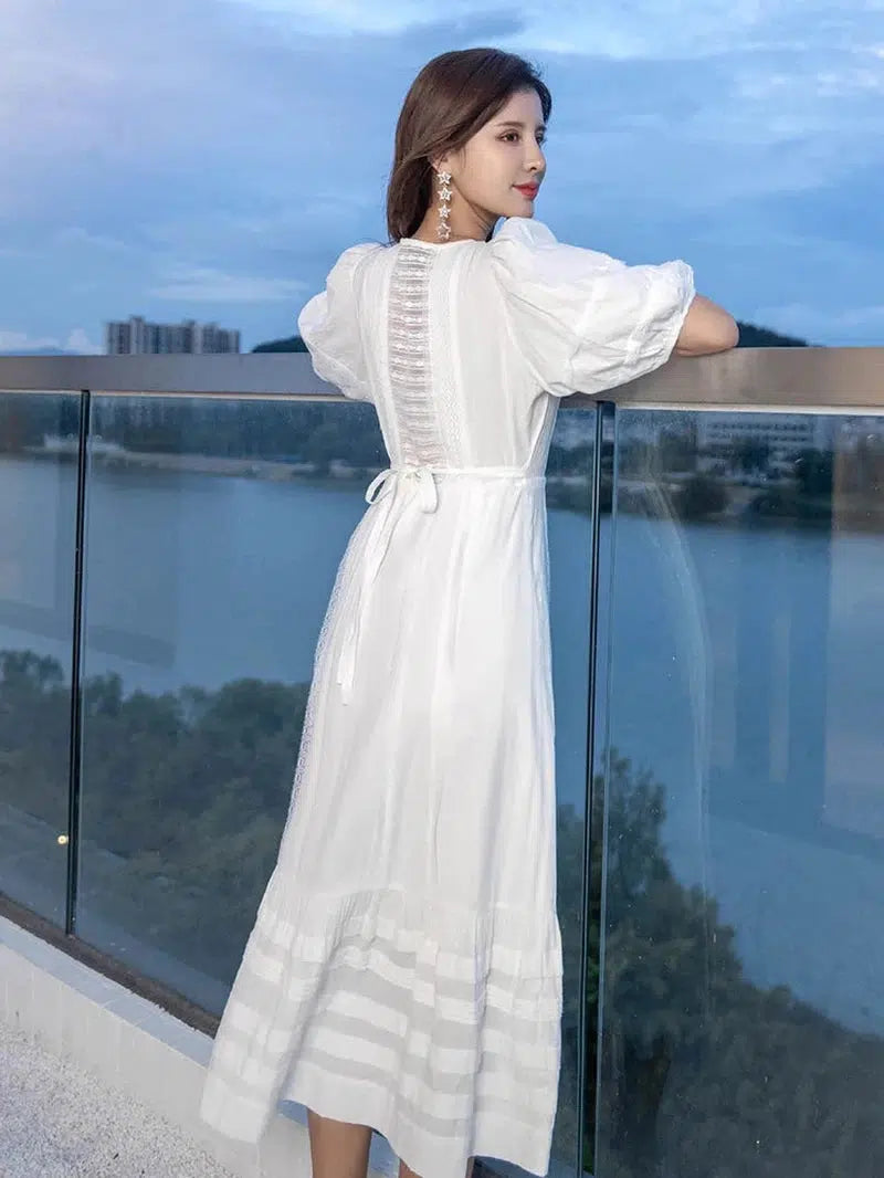 Cheky - Jastie French White Dress Cotton Embroidered V-neck Elegant Ladies Dress Ruffle Hem Chic Autumn Dress Retro Luxury Brand Dress