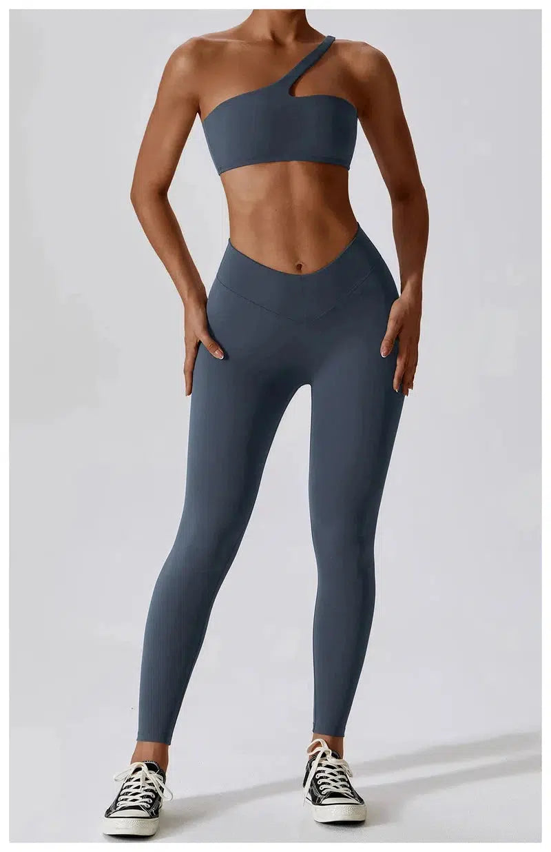 Cheky - Women Sexy Sport Yoga Set Outfit Fitness Workout Clothes Diagonal Shoulder Sports Top Leggings Suit Leisure Running Sportwear