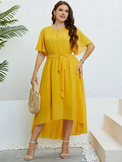 Cheky - Chiffon Party Dresses For Women Plus Size Summer Solid Color Casual Boho Beach Dress Ruffle Short Sleeve Belted Wrap Dress