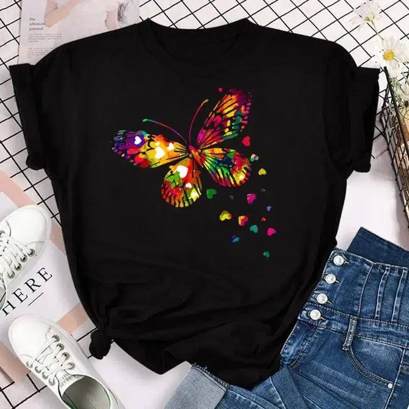 Cheky - New Fashion Women T-shirt Colorful Butterfly Petal Print Short Sleeve and Round Neck Cute Graphic Tee Shirts Female Tops Clothin