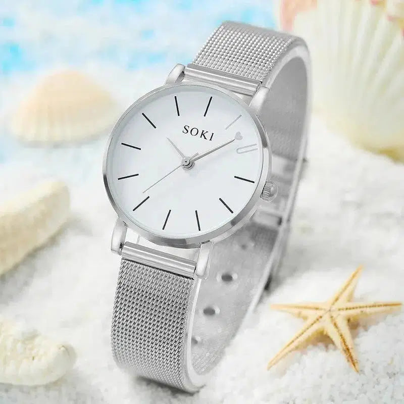 Cheky - 6pc Simple Silver Quartz Watch With Bracelet For Women Casual Fashion Round Simple Silver Watch Dainty Wheat Bracelets Set