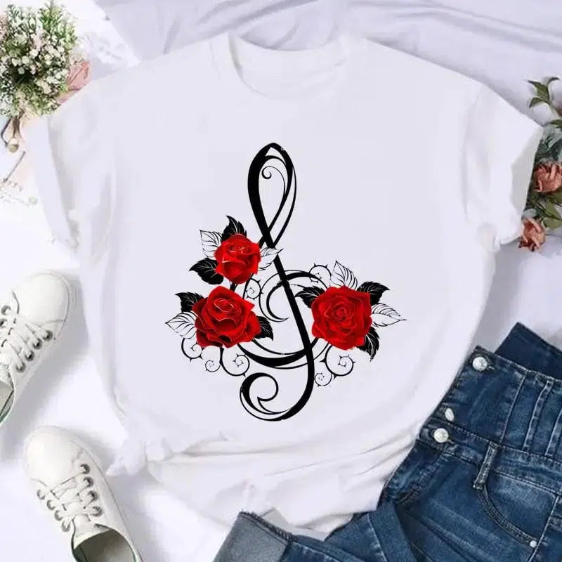 Cheky - Short Sleeve Butterfly Bow Sweet Flower Fashion Summer Women Print T Shirt Female Casual Top Tshirts Cartoon Graphic Tee T-Shirt