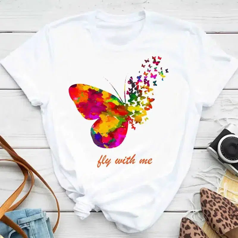 Cheky - New Fashion Women T-shirt Colorful Butterfly Petal Print Short Sleeve and Round Neck Cute Graphic Tee Shirts Female Tops Clothin