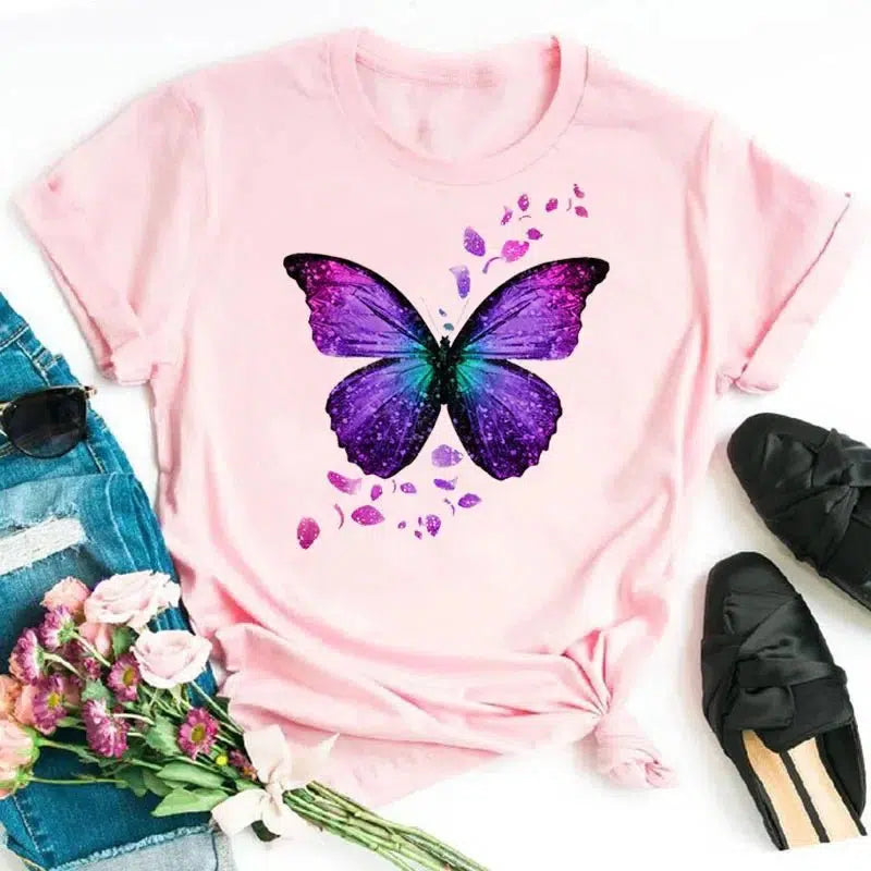 Cheky - New Fashion Women T-shirt Colorful Butterfly Petal Print Short Sleeve and Round Neck Cute Graphic Tee Shirts Female Tops Clothin