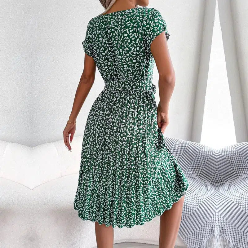 Cheky - Women Spring Summer Short Sleeve High Waist Chic Dress Fashion Floral Pleated A Line Long Dress