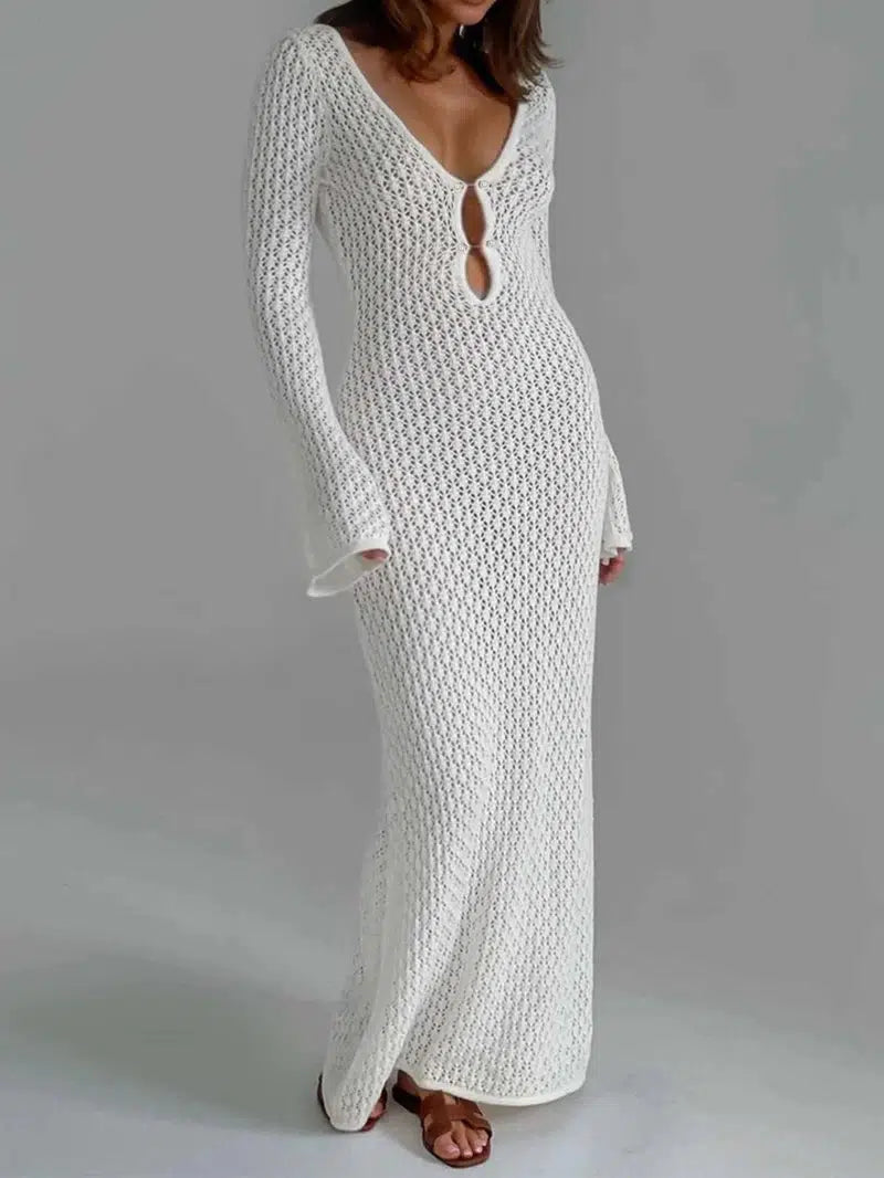 Cheky - Sexy Women White Long Knit Sleeve Bikin Fashion Cover up Female See-Through Deep V-Neck Hollow-Out Beach Knitwear Backless Dress