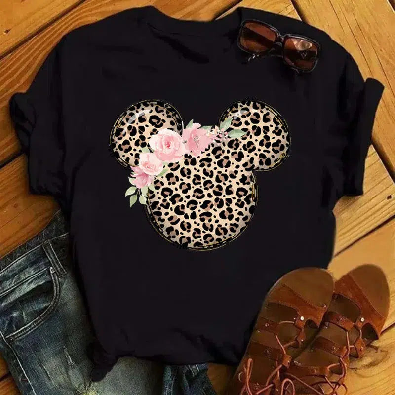 Cheky - Disney T Shirt Women Flower Minnie Mouse Clothes Leopard Print Kawaii T-Shirt Summer Tops Harajuku Black Women Tees