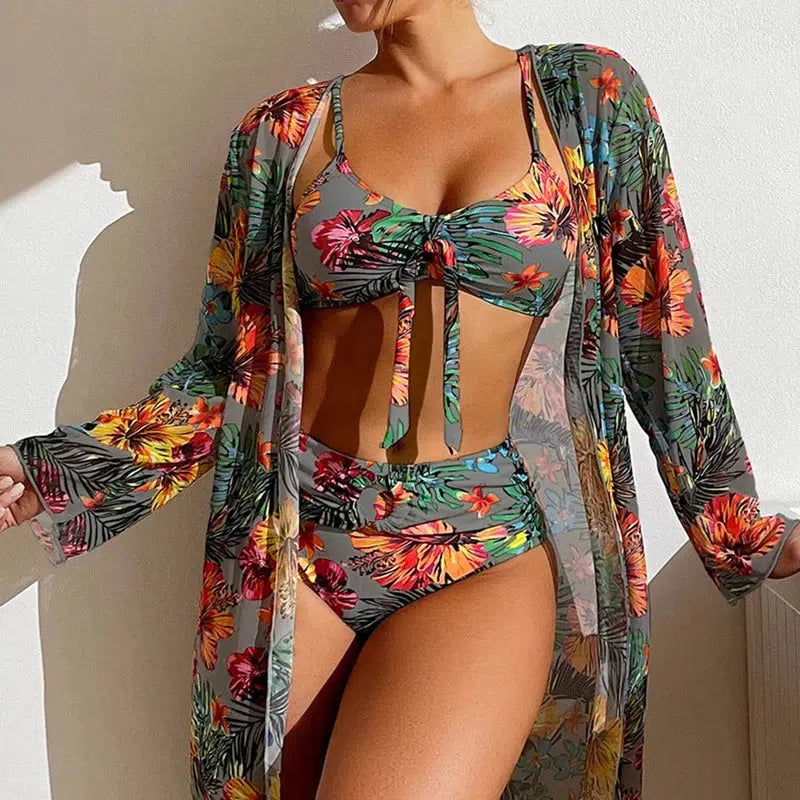 Cheky - Sexy High Waisted Bikini Three Pieces Floral Printed Swimsuit Women Bikini Set With Mesh Long-Sleeved Blouse Size S-3XL 2024 New