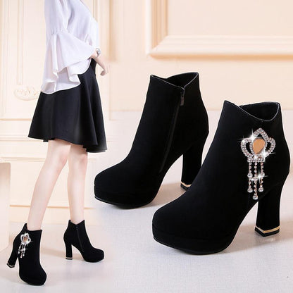 Cheky - Rhinestone Chunky Heel Fashion Short Boots Waterproof Platform High Heel Boots