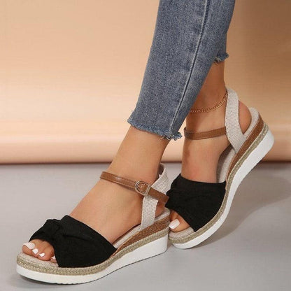 Cheky - New Thick-soled Bow Sandals Summer Fashion Casual Linen Buckle Wedges Shoes For Women