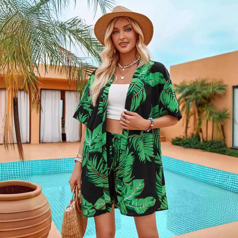 Cheky - 2pcs Casual Holiday Leaves Print Suit Summer Short Sleeve Shirt Top And Drawstring Shorts Sets For Womens Clothing