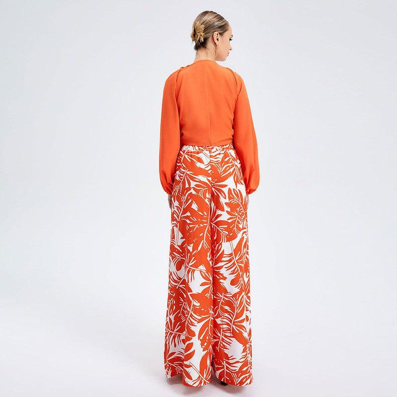 Cheky - New Women's Temperament Print Pants V -neck Long Sleeve Two -piece Suit